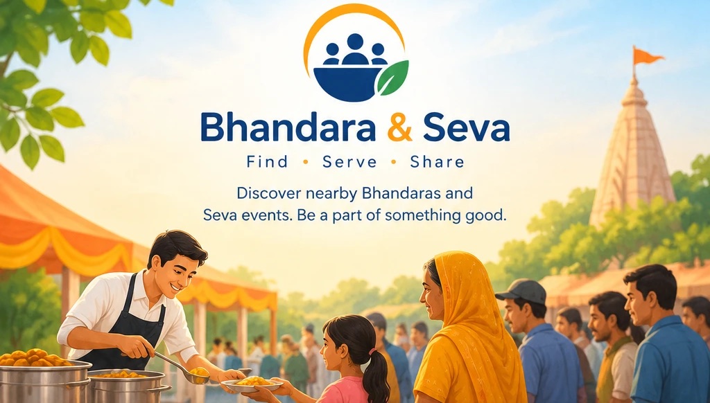 A volunteer serving food to a girl at a bhandara, with people waiting and a temple behind